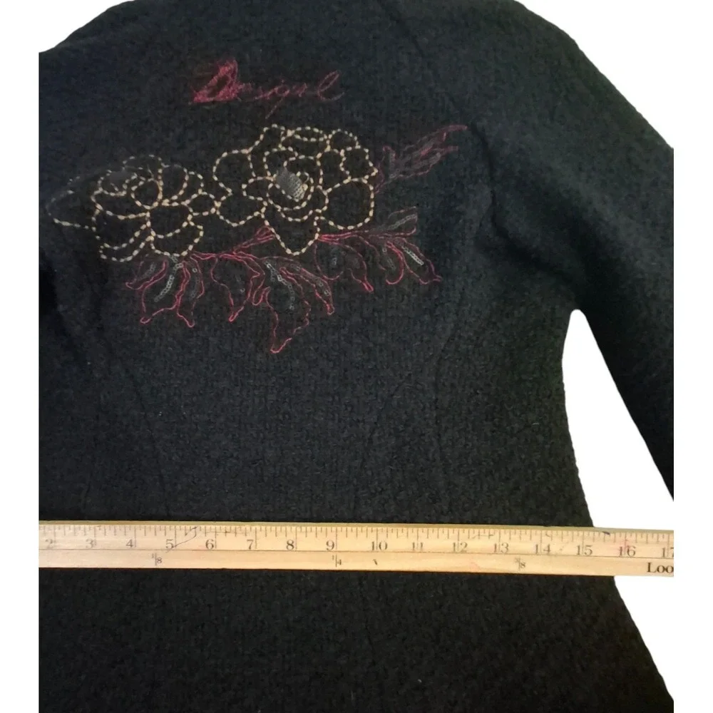 Desigual Black Boucle Wool Blend Floral Pleated Skirt Coat Jacket Womens 36